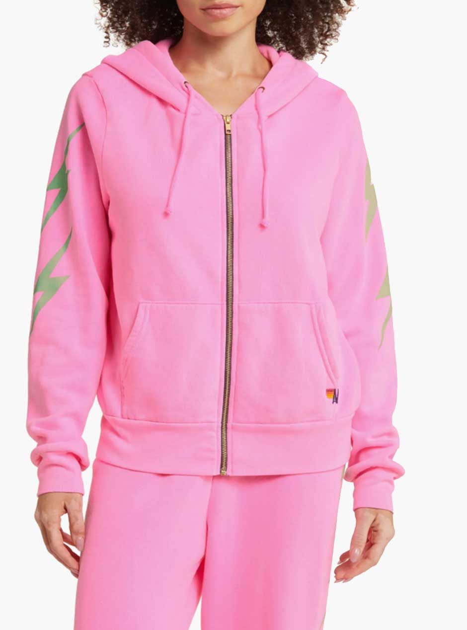 Aviator Nation 2024 Lightning Bolt Full Zip Drawstring Hoodie Gray Pink Women’s XS