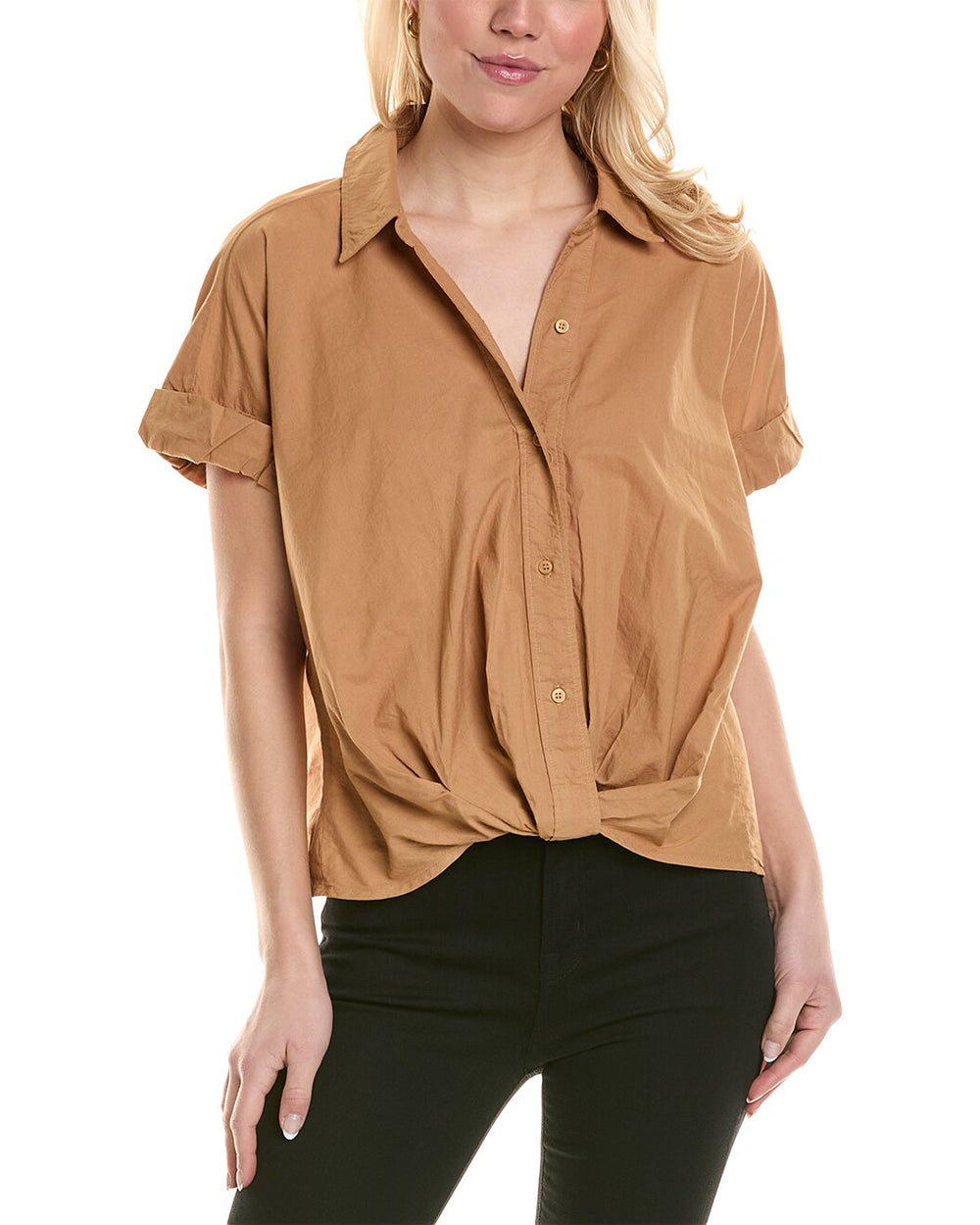 Stateside Women's Voile Short Sleeve Front Twist Shirt - Almond Brown