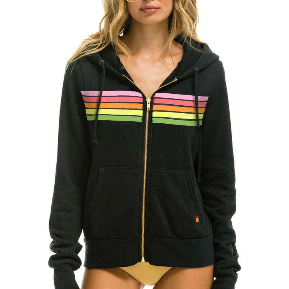 Aviator Nation 5 Stripe- Zip Hoodie Charcoal/ Pink Green