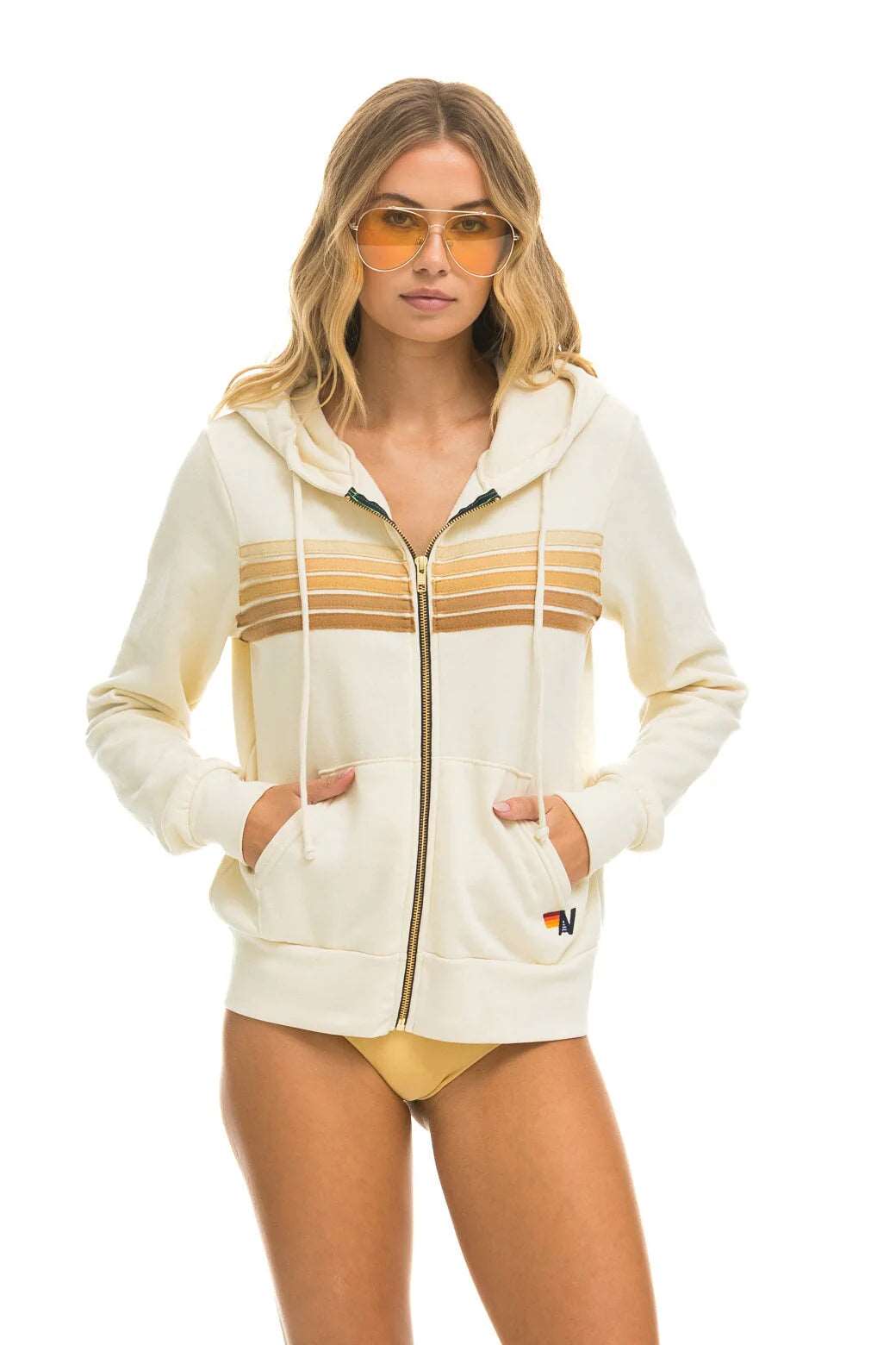 Aviator Nation 5 Stripe Hoodie Vintage White/Tan