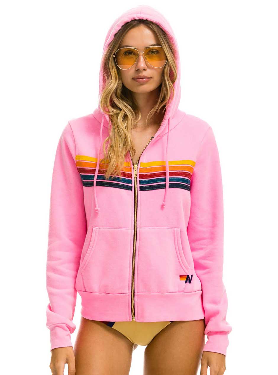 Aviator Nation Women's 5 Stripe Hoodie - Neon Pink Yellow Purple