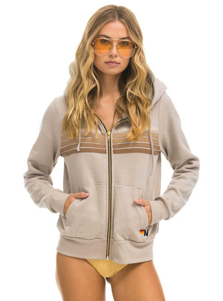 Aviator Nation Women's 5 Stripe Zip Hoodie - Sand Tan