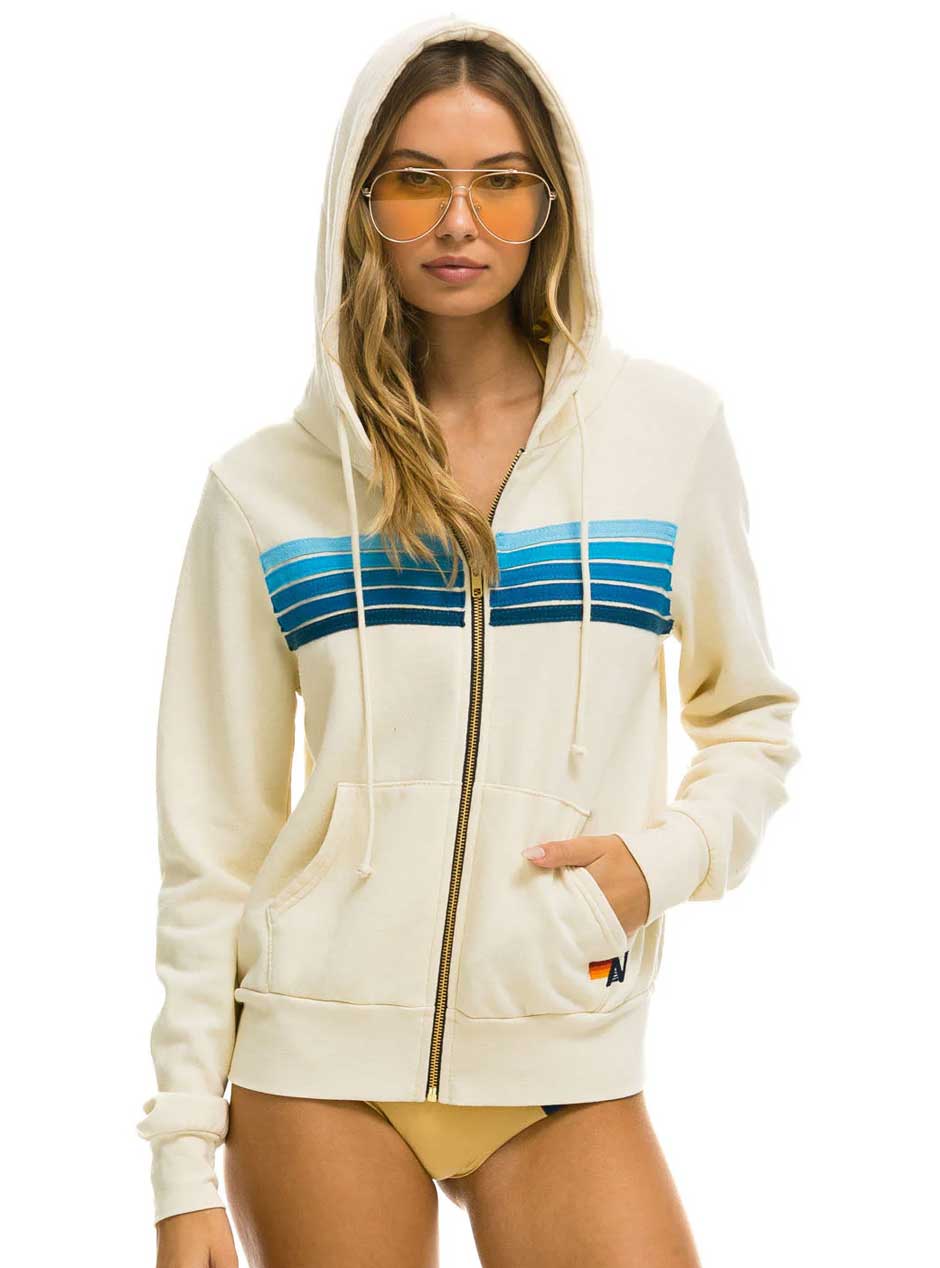 Aviator Nation Women's 5 Stripe Zip Hoodie - Vintage White Blue