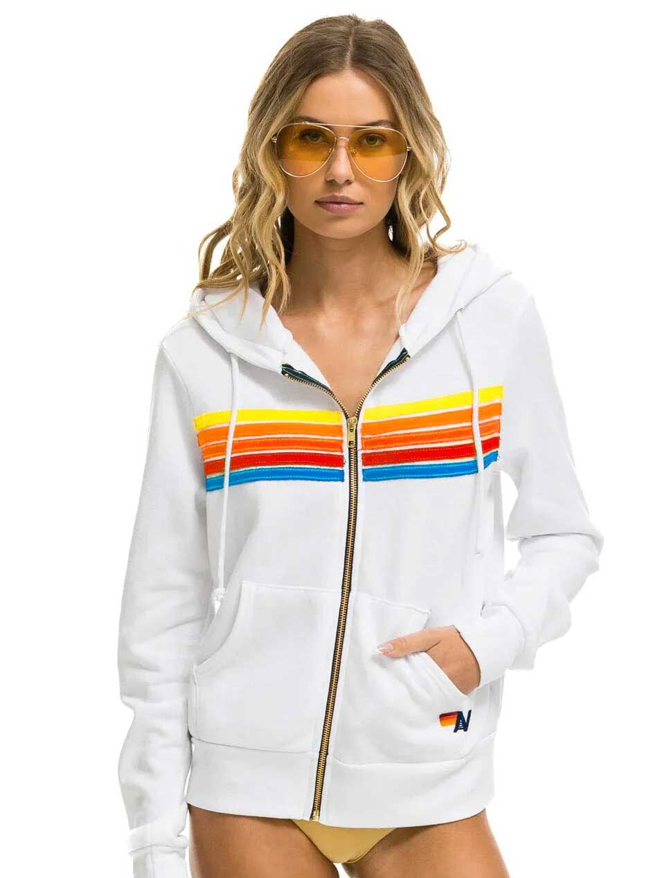 Aviator Nation Women's 5 Stripe Zip Hoodie - White Neon Rainbow