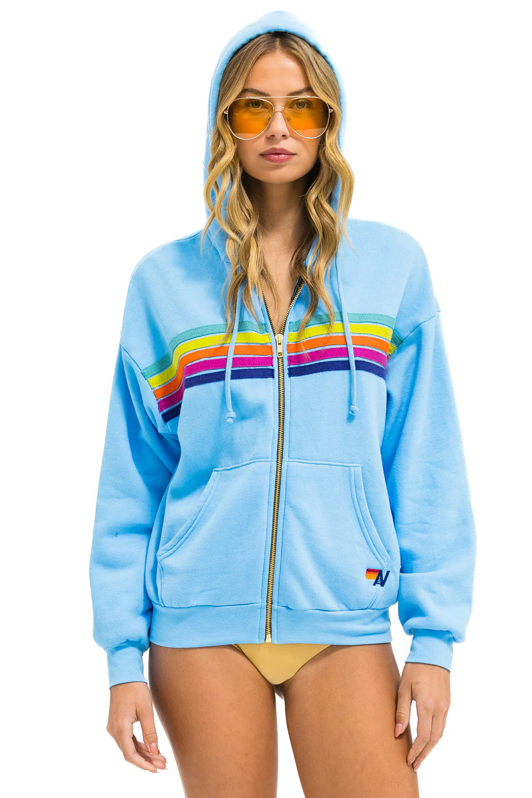 Aviator Nation 5 Stripe Relaxed Zip Hoodie Sky/Rainbow