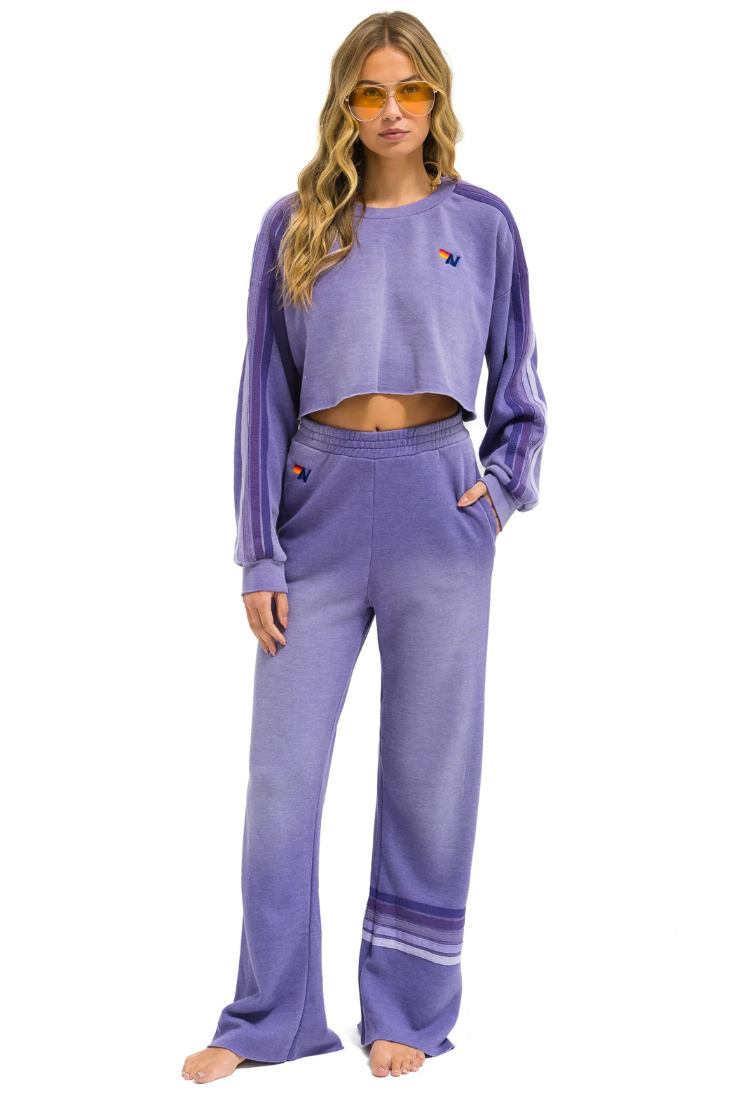 Aviator Nation Classic Stripe Cropped Crew Sweatshirt - Faded Grape