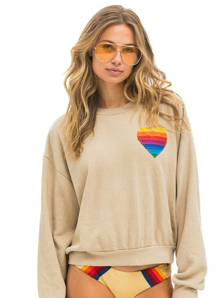 Aviator Nation Women's Rainbow Heart Stitch Relaxed Crew Sweatshirt - Sand