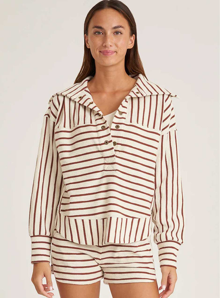 
                      
                        Thrive Société Women's Cloud Oversized Collar Pullover Shirt - Nutshell Stripe Brown
                      
                    