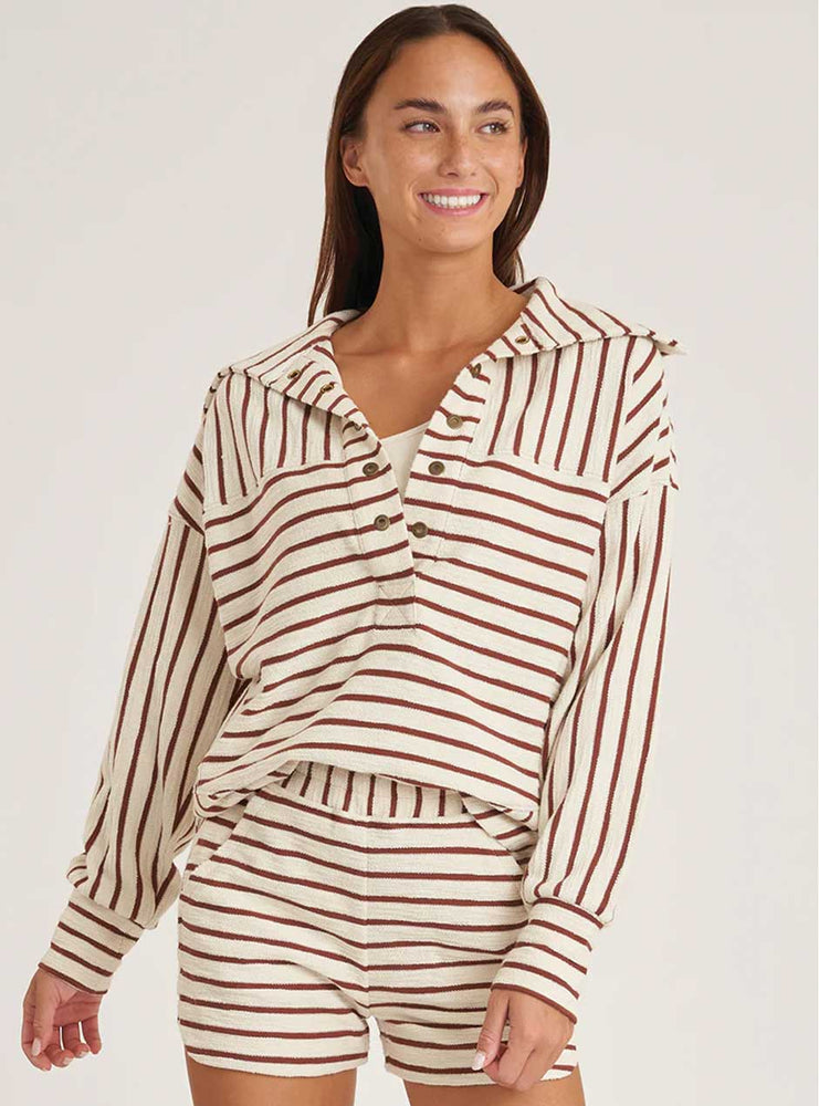 
                      
                        Thrive Société Women's Cloud Oversized Collar Pullover Shirt - Nutshell Stripe Brown
                      
                    