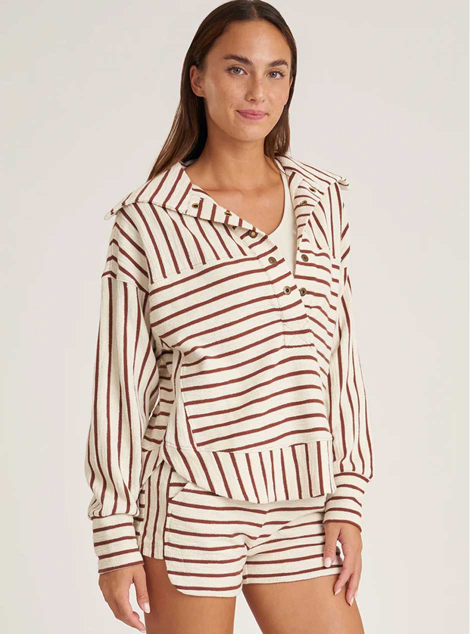 Thrive Société Women's Cloud Oversized Collar Pullover Shirt - Nutshell Stripe Brown