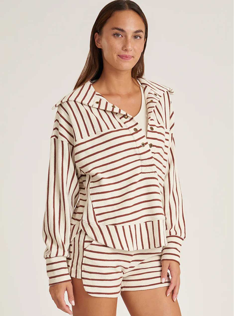 Thrive Société Women's Cloud Oversized Collar Pullover Shirt - Nutshell Stripe