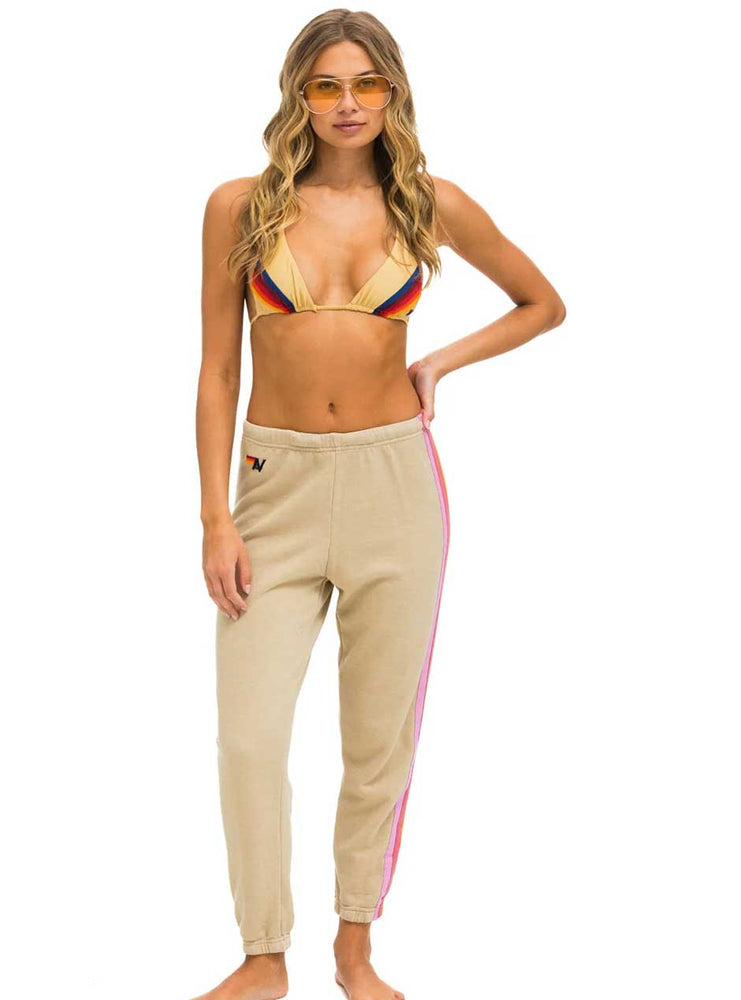 Aviator Nation Women's 5 Stripe Sweatpants - Sand Tan Pink Green