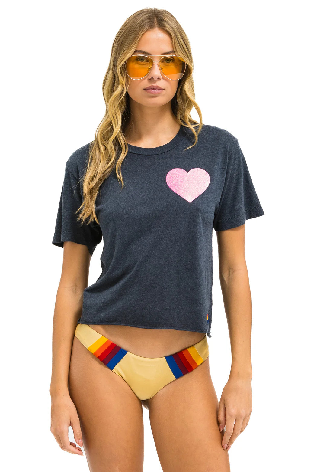 Aviator Nation Glitter Heart Boyfriend tee- Charcoal/ Neon Pink