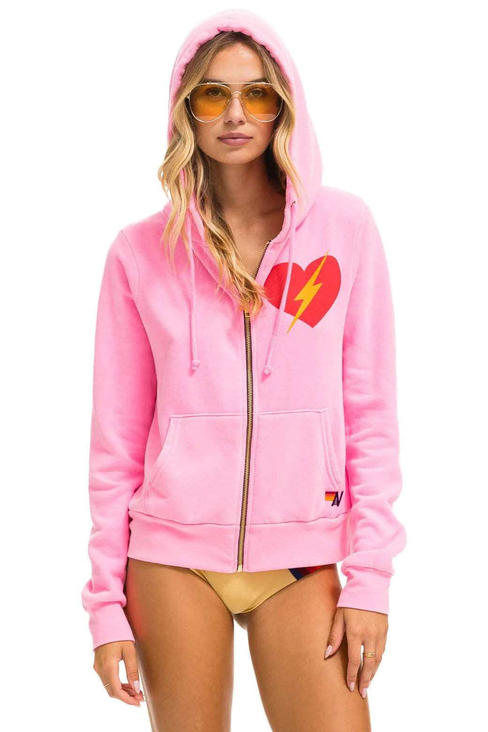 Aviator Nation Bolt Heart Zip Hoodie Neon Pink