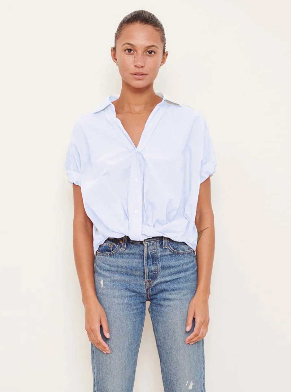 Stateside Women's Poplin Front Twist Button Up Short Sleeve Shirt - Sky Blue